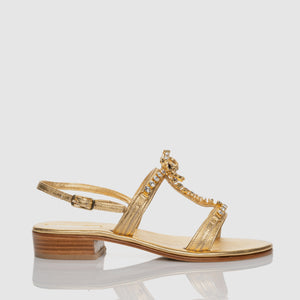 Sandalo con Tacco Alto Bright Bow Gold in Nappa con cristalli tema fiocco