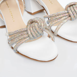 Rainbow Light White Heeled Sandal with knotted microcrystal strap