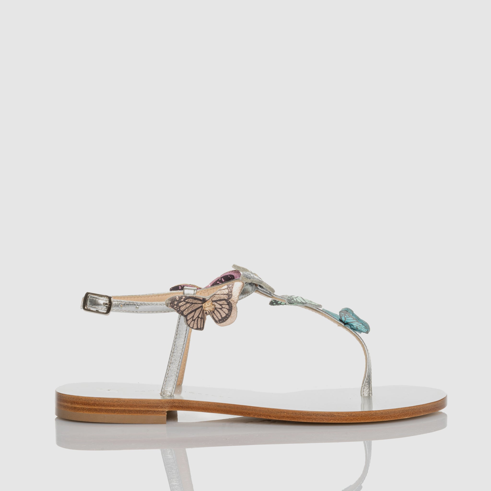 Butterfly Rainbow thong sandal in nappa leather with butterfly themed crystals