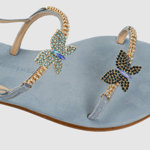 Sandalo Butterfly in Camoscio Jeans con cristalli tema farfalle