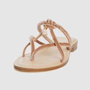 Capri Bells Nude Nappa and Velvet thong sandal with Capri bell charm