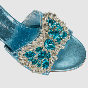 Bright Bow Blue High Heel Sandal in Nappa with bow-themed crystals